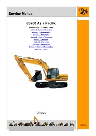 JCB JS200 Asia Pacific TRACKED EXCAVATOR Service Repair Manual SN 1459000 to 1461999