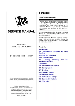 JCB JS200 EXCAVATOR Service Repair Manual SN 1783500 and up