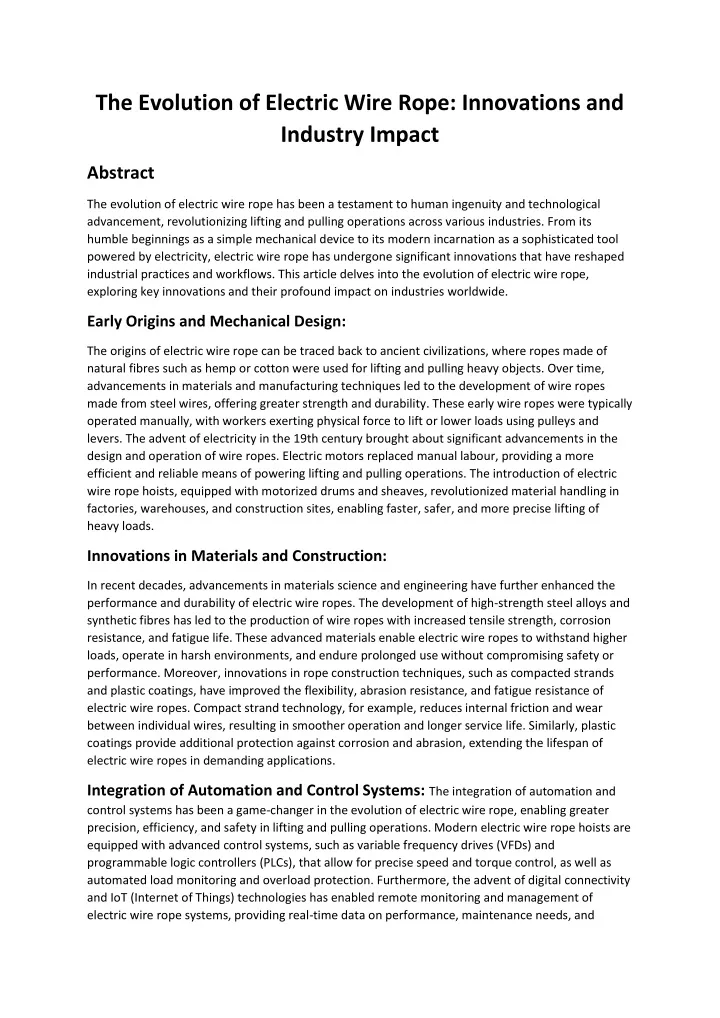 the evolution of electric wire rope innovations