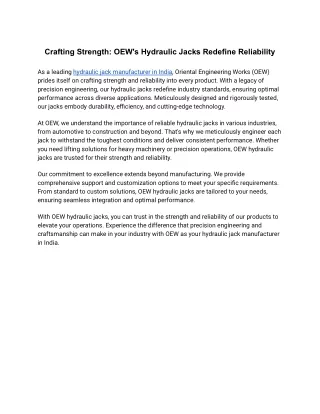 OEW - Hydraulic Jacks Redefine Reliability