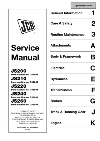 JCB JS200 TRACKED EXCAVATOR Service Repair Manual SN（705001 Onwards）