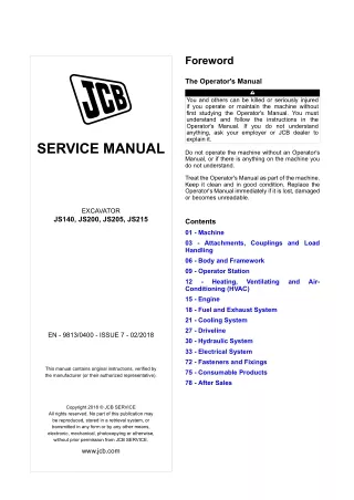 JCB JS205 Tracked Excavator Service Repair Manual SN from 2053250 to 2054249