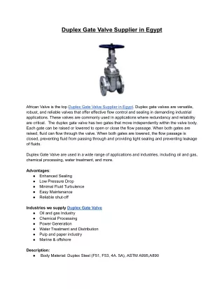 Duplex Gate Valve Supplier in Egypt