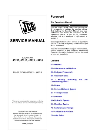 JCB JS210 T4F Excavator Service Repair Manual (From 2424851 To 2425350)