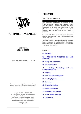 JCB JS210, JS230 Excavator Service Repair Manual (From 2453251 To 2453500)