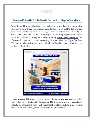 Budget-Friendly PG in Noida Sector 19 | Shyam Vandana
