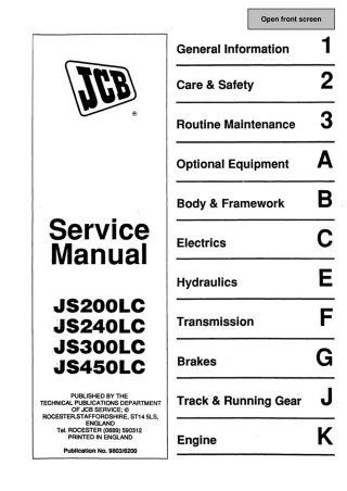 JCB JS240LC TRACKED EXCAVATOR Service Repair Manual SN：708002 to M708500