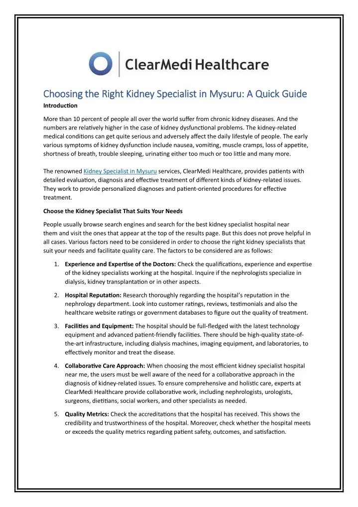 choosing the right kidney specialist in mysuru