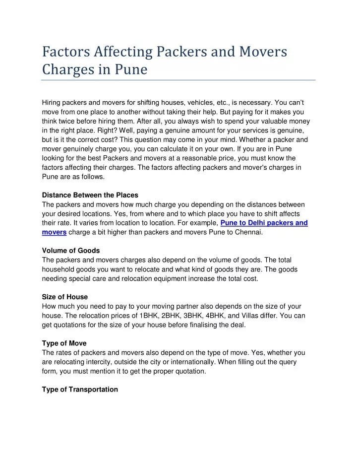 factors affecting packers and movers charges