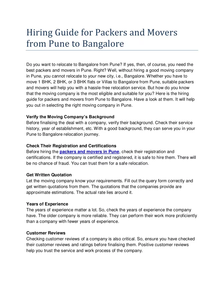 hiring guide for packers and movers from pune