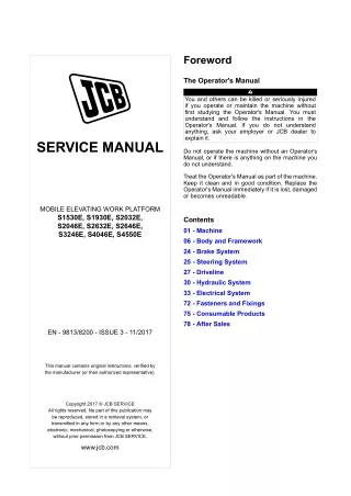 JCB S2632E MOBILE ELEVATING WORK PLATFORM Service Repair Manual SN 2532501 and up