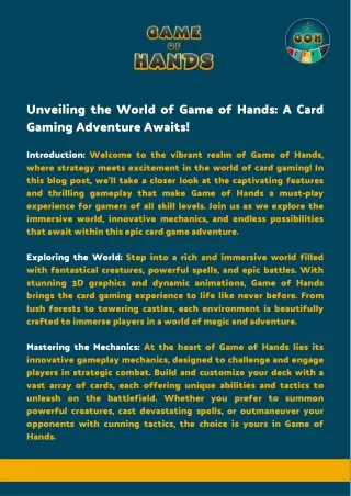 Unleashing the Power of Game of Hands: Dive into the Ultimate Card Gaming Experi