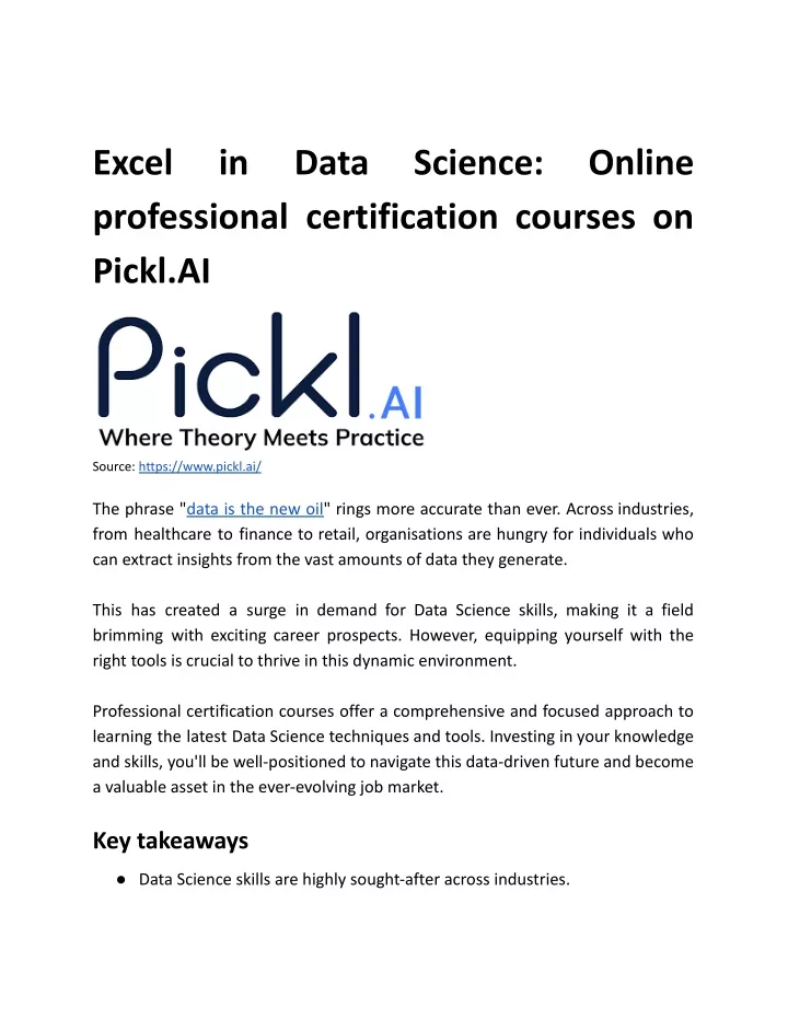 excel professional certification courses on pickl