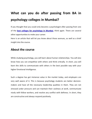 What can you do after passing from BA in psychology colleges in Mumbai