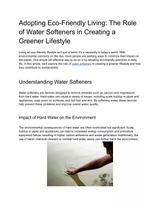 Adopting Eco-Friendly Living:  The Role of Water Softeners in Creating a Greener Lifestyle