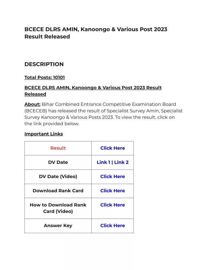 bcece dlrs amin kanoongo various post 2023 result