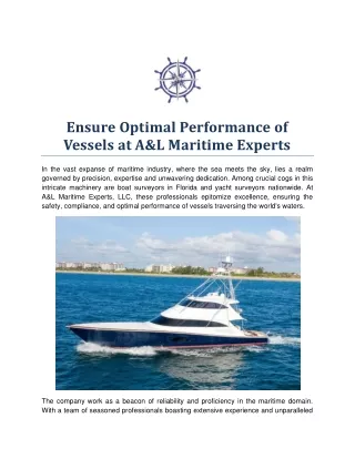 Ensure Optimal Performance of Vessels at A&L Maritime Experts