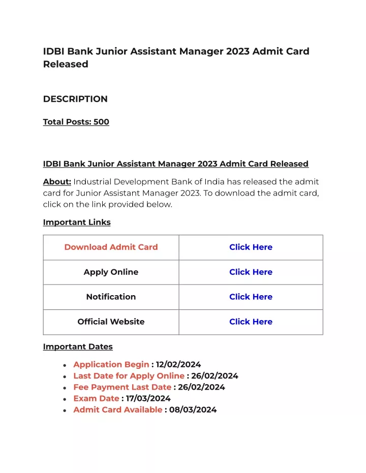 idbi bank junior assistant manager 2023 admit