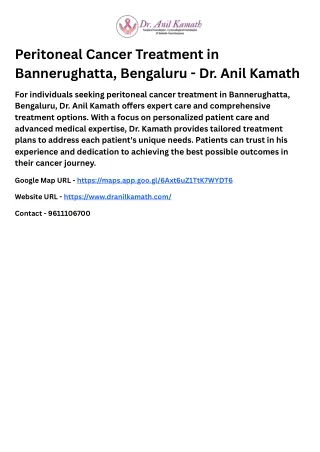 Peritoneal Cancer Treatment in Bannerughatta, Bengaluru - Dr. Anil Kamath