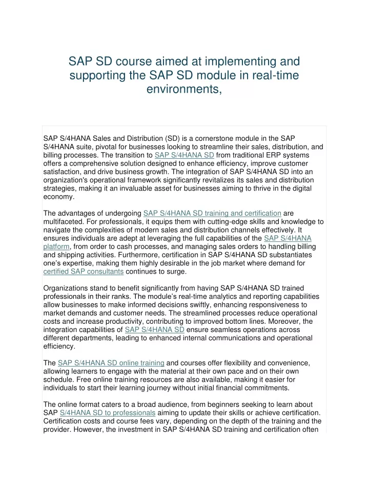 sap sd course aimed at implementing