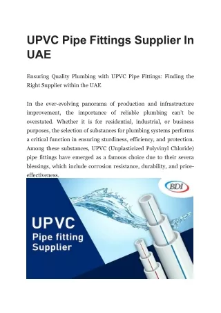 UPVC Pipe Fittings Supplier In UAE