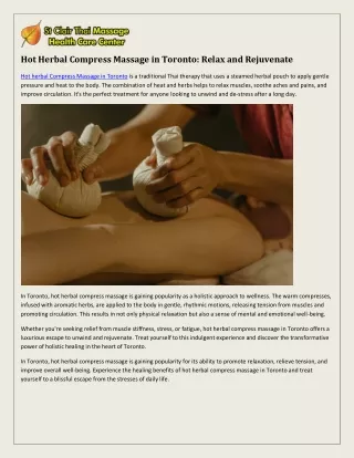 Hot Herbal Compress Massage in Toronto: A Relaxing Escape