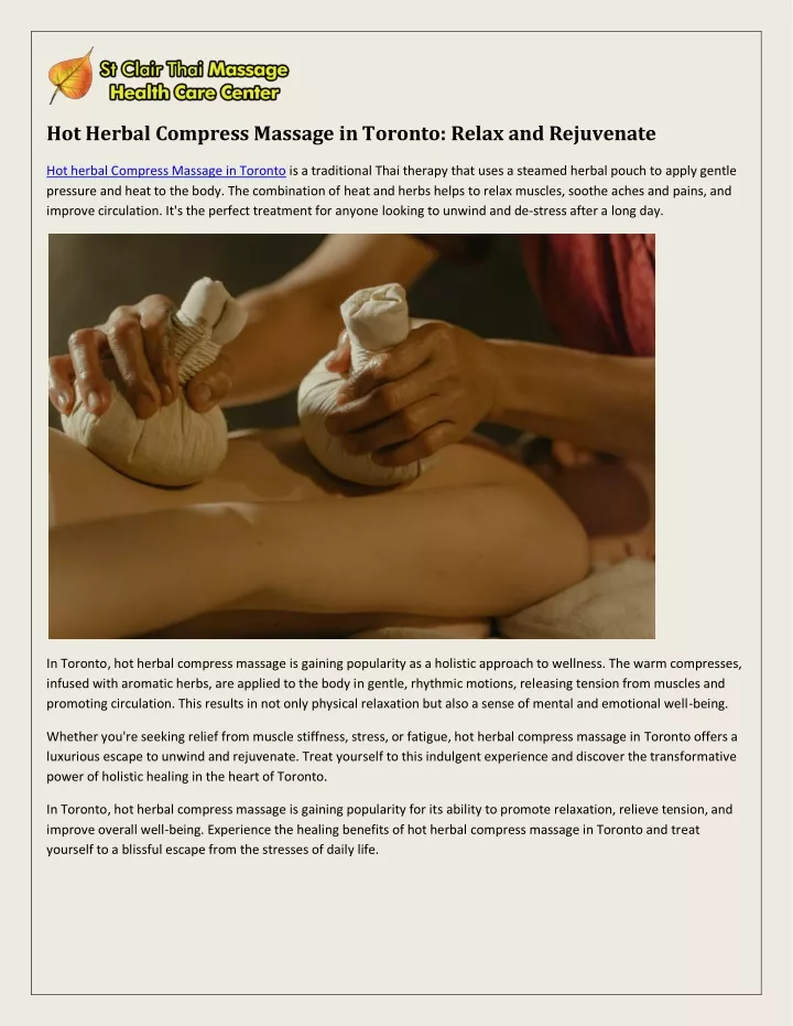 hot herbal compress massage in toronto relax