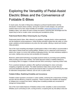 Exploring the Versatility of Pedal-Assist Electric Bikes and the Convenience of Foldable E-Bikes