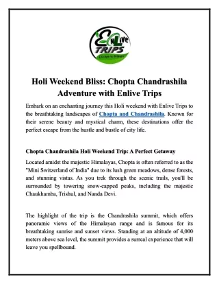 Holi Weekend Bliss: Chopta Chandrashila Adventure with Enlive Trips
