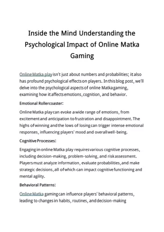 Inside the Mind Understanding the Psychological Impact of Online Matka Gaming