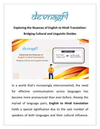 Exploring the Nuances of English to Hindi Translation- Bridging Cultural and Linguistic Divides