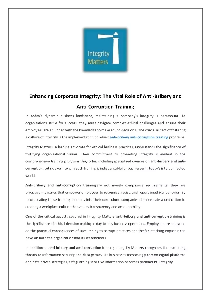 enhancing corporate integrity the vital role
