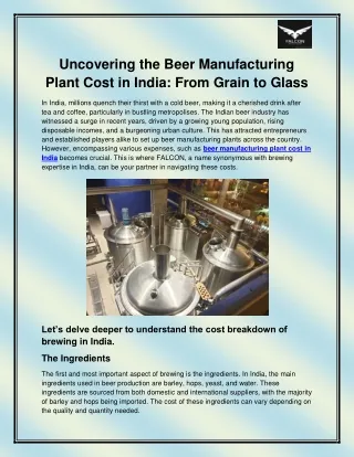Beer manufacturing plant cost in India