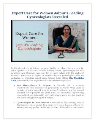 Expert Care for Women Jaipurs Leading Gynecologists Revealed