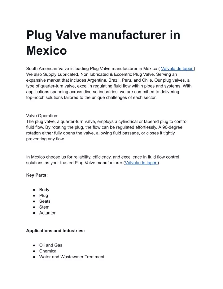 plug valve manufacturer in mexico
