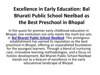 Excellence in Early Education: Bal Bharati Public School Neelbad as the Best Pre