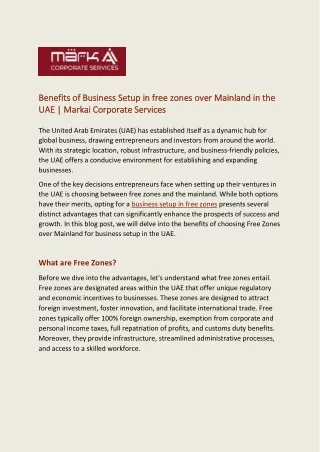 Benefits of Business Setup in free zones over Mainland in the UAE  - Markai Corporate Services
