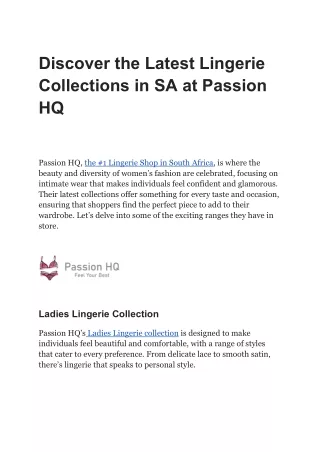 Discover the Latest Lingerie Collections in SA at Passion HQ