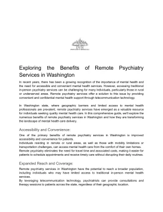 Exploring the Benefits of Remote Psychiatry Services in Washington