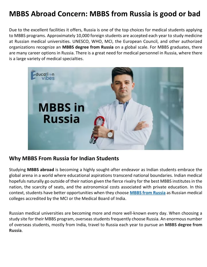mbbs abroad concern mbbs from russia is good