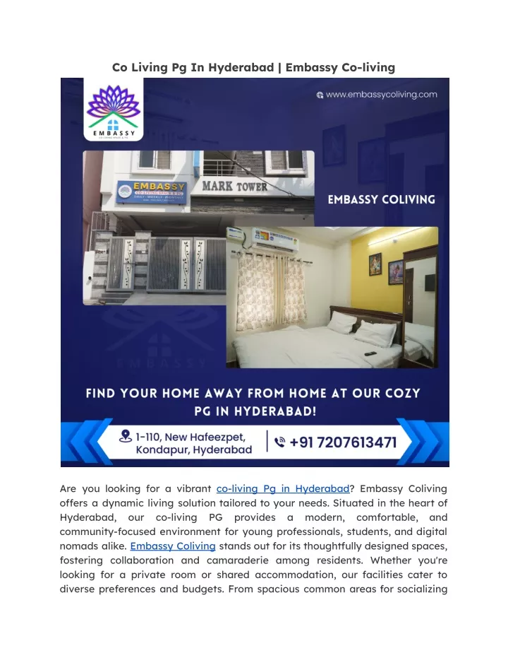 co living pg in hyderabad embassy co living