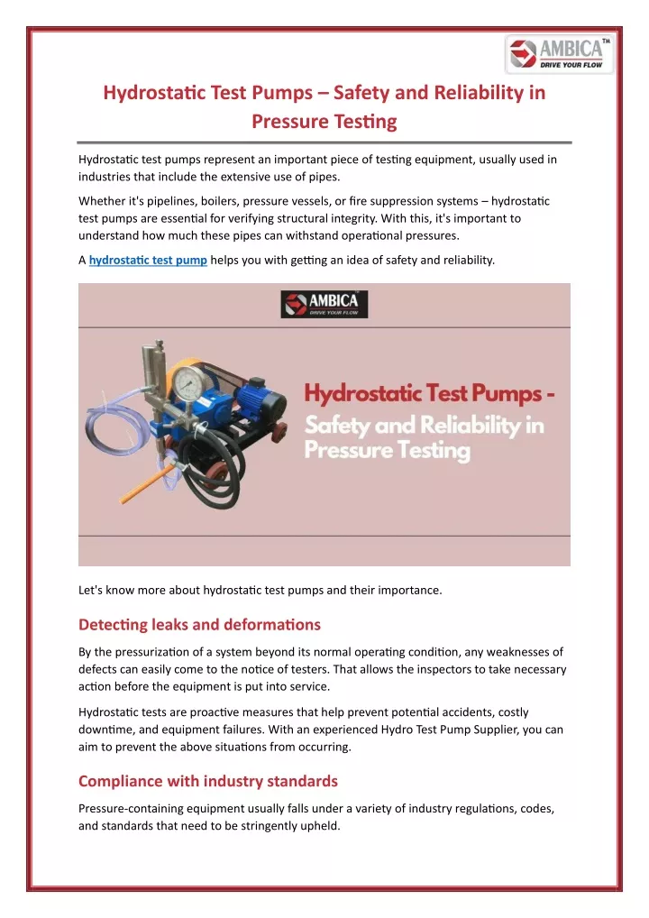hydrostatic test pumps safety and reliability