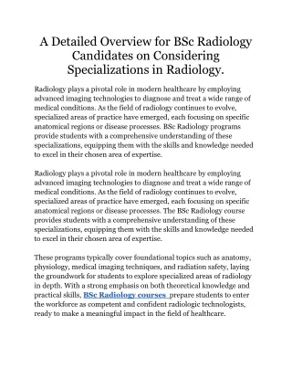 A Detailed Overview for BSc Radiology Candidates on Considering Specializations in Radiology_