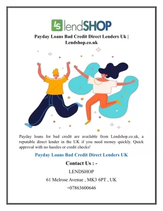Payday Loans Bad Credit Direct Lenders Uk  Lendshop.co.uk