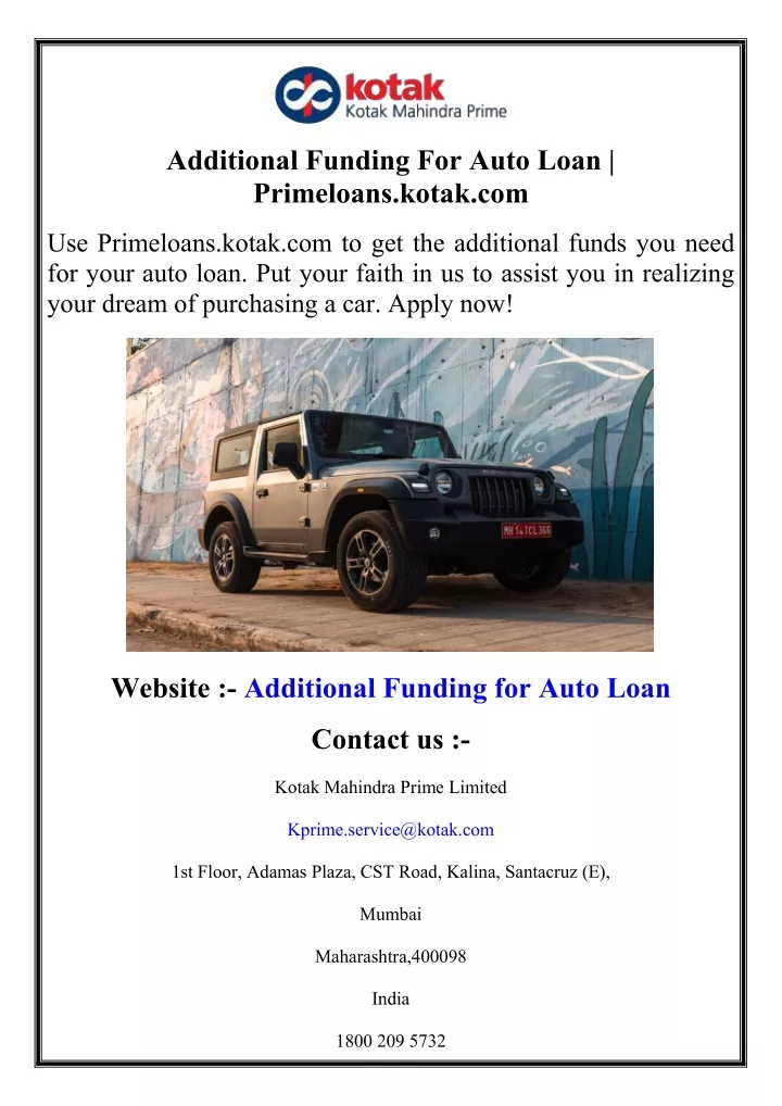 additional funding for auto loan primeloans kotak
