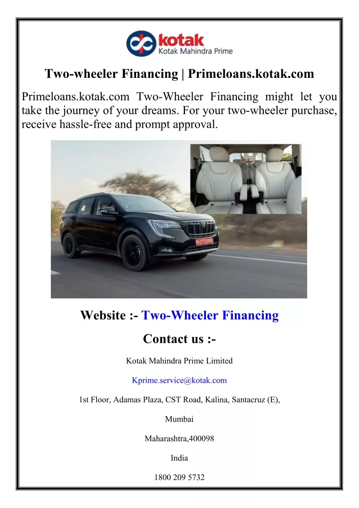 two wheeler financing primeloans kotak com