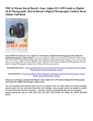 [Free Ebook] David Busch's Sony Alpha SLT-A99 Guide to Digital SLR Photography (