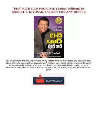 [Pdf]$$ RICH DAD POOR DAD (Telugu Edition) PDF Ebook By  ROBERT T. KIYOSAKI (Author)