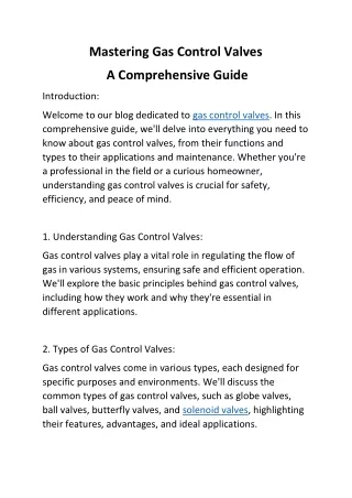 Mastering Gas Control Valves