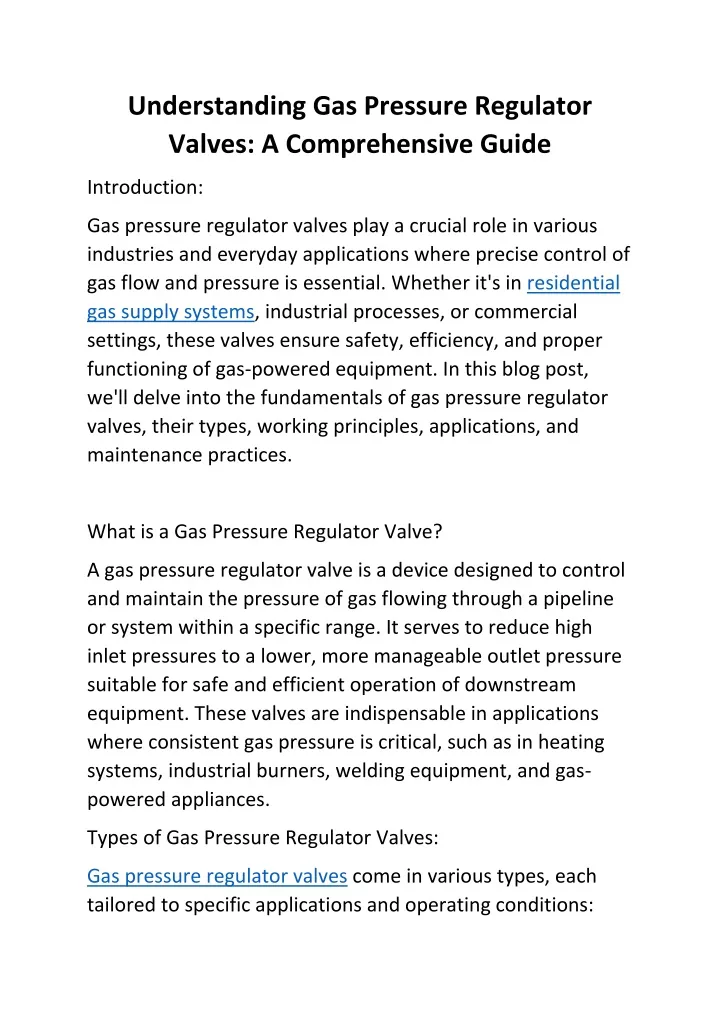 understanding gas pressure regulator valves